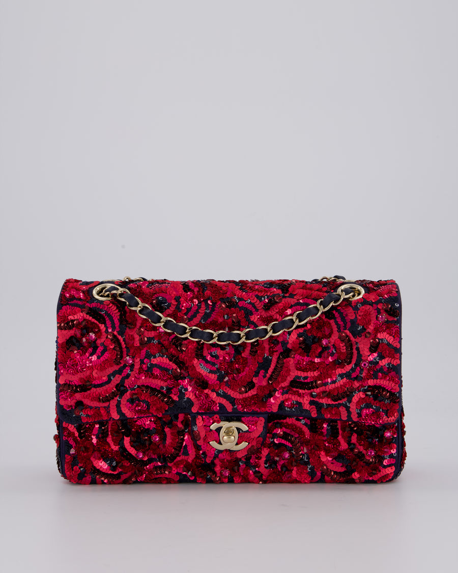 *SUPER RARE* Chanel 21F/W Pink and Burgundy Sequin Embroidered Classic Medium Double Flap in Satin with Champagne Hardware