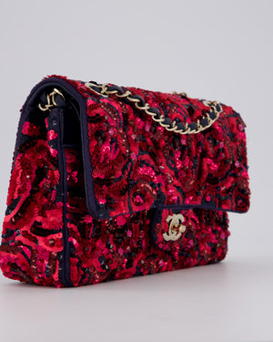 *SUPER RARE* Chanel 21F/W Pink and Burgundy Sequin Embroidered Classic Medium Double Flap in Satin with Champagne Hardware