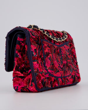*SUPER RARE* Chanel 21F/W Pink and Burgundy Sequin Embroidered Classic Medium Double Flap in Satin with Champagne Hardware