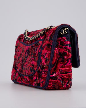 *SUPER RARE* Chanel 21F/W Pink and Burgundy Sequin Embroidered Classic Medium Double Flap in Satin with Champagne Hardware