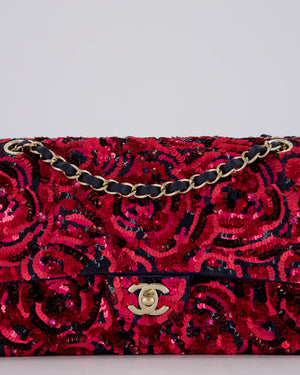 *SUPER RARE* Chanel 21F/W Pink and Burgundy Sequin Embroidered Classic Medium Double Flap in Satin with Champagne Hardware