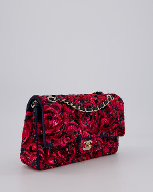 *SUPER RARE* Chanel 21F/W Pink and Burgundy Sequin Embroidered Classic Medium Double Flap in Satin with Champagne Hardware