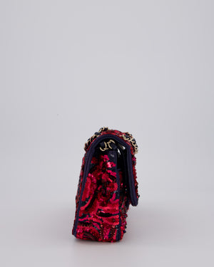 *SUPER RARE* Chanel 21F/W Pink and Burgundy Sequin Embroidered Classic Medium Double Flap in Satin with Champagne Hardware