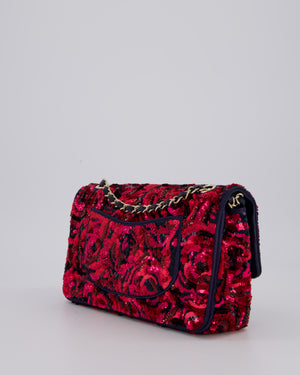 *SUPER RARE* Chanel 21F/W Pink and Burgundy Sequin Embroidered Classic Medium Double Flap in Satin with Champagne Hardware
