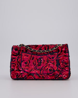*SUPER RARE* Chanel 21F/W Pink and Burgundy Sequin Embroidered Classic Medium Double Flap in Satin with Champagne Hardware