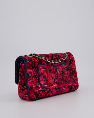 *SUPER RARE* Chanel 21F/W Pink and Burgundy Sequin Embroidered Classic Medium Double Flap in Satin with Champagne Hardware