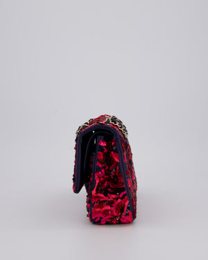 *SUPER RARE* Chanel 21F/W Pink and Burgundy Sequin Embroidered Classic Medium Double Flap in Satin with Champagne Hardware