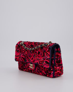 *SUPER RARE* Chanel 21F/W Pink and Burgundy Sequin Embroidered Classic Medium Double Flap in Satin with Champagne Hardware