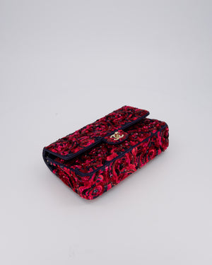 *SUPER RARE* Chanel 21F/W Pink and Burgundy Sequin Embroidered Classic Medium Double Flap in Satin with Champagne Hardware