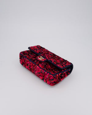 *SUPER RARE* Chanel 21F/W Pink and Burgundy Sequin Embroidered Classic Medium Double Flap in Satin with Champagne Hardware