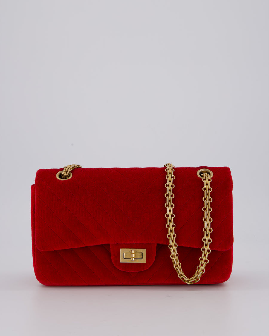 Chanel Red Velvet Reissue 2.55 Quilted Medium Double Flap Bag with Gold Hardware
