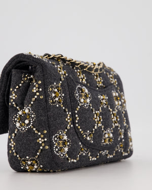 *RARE* Chanel 21A Dark Grey Pearl Strass Crystal CC Classic Medium Double Flap Bag in Wool with Champagne Gold Hardware