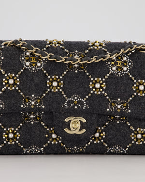 *RARE* Chanel 21A Dark Grey Pearl Strass Crystal CC Classic Medium Double Flap Bag in Wool with Champagne Gold Hardware