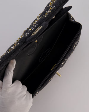 *RARE* Chanel 21A Dark Grey Pearl Strass Crystal CC Classic Medium Double Flap Bag in Wool with Champagne Gold Hardware