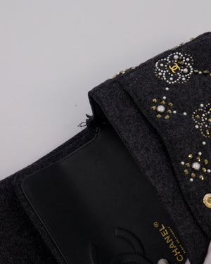 *RARE* Chanel 21A Dark Grey Pearl Strass Crystal CC Classic Medium Double Flap Bag in Wool with Champagne Gold Hardware