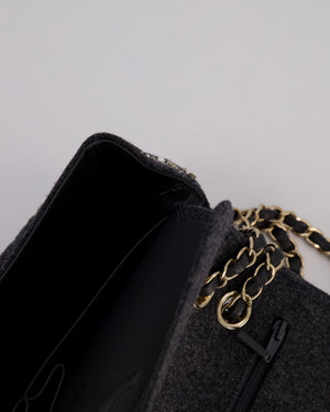 *RARE* Chanel 21A Dark Grey Pearl Strass Crystal CC Classic Medium Double Flap Bag in Wool with Champagne Gold Hardware