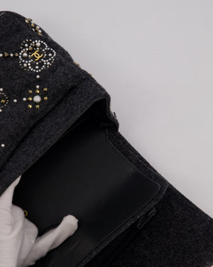 *RARE* Chanel 21A Dark Grey Pearl Strass Crystal CC Classic Medium Double Flap Bag in Wool with Champagne Gold Hardware
