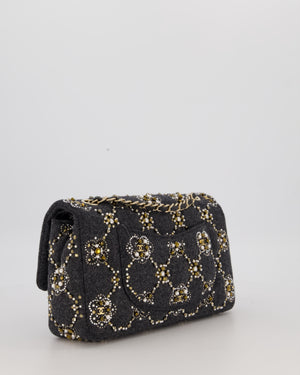 *RARE* Chanel 21A Dark Grey Pearl Strass Crystal CC Classic Medium Double Flap Bag in Wool with Champagne Gold Hardware