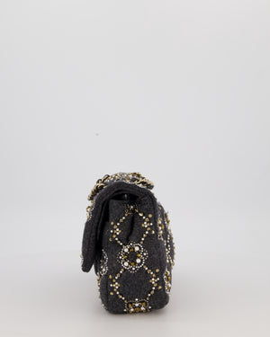 *RARE* Chanel 21A Dark Grey Pearl Strass Crystal CC Classic Medium Double Flap Bag in Wool with Champagne Gold Hardware