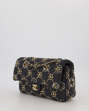 *RARE* Chanel 21A Dark Grey Pearl Strass Crystal CC Classic Medium Double Flap Bag in Wool with Champagne Gold Hardware