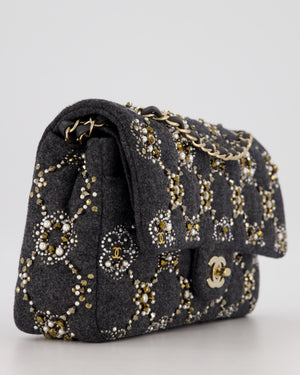 *RARE* Chanel 21A Dark Grey Pearl Strass Crystal CC Classic Medium Double Flap Bag in Wool with Champagne Gold Hardware