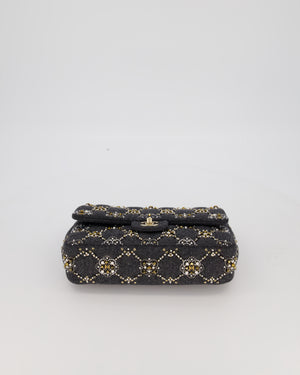 *RARE* Chanel 21A Dark Grey Pearl Strass Crystal CC Classic Medium Double Flap Bag in Wool with Champagne Gold Hardware