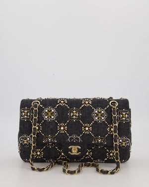 *RARE* Chanel 21A Dark Grey Pearl Strass Crystal CC Classic Medium Double Flap Bag in Wool with Champagne Gold Hardware