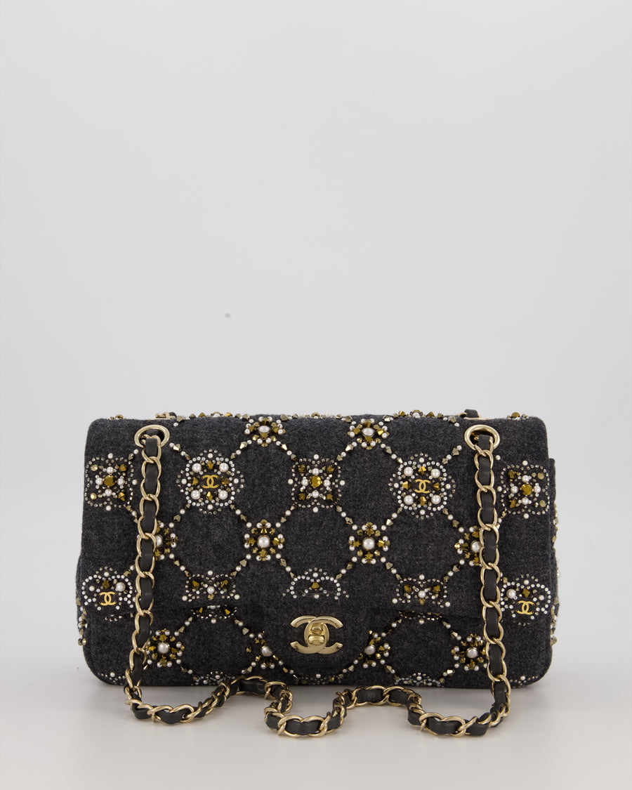*RARE* Chanel 21A Dark Grey Pearl Strass Crystal CC Classic Medium Double Flap Bag in Wool with Champagne Gold Hardware