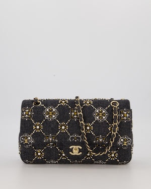 *RARE* Chanel 21A Dark Grey Pearl Strass Crystal CC Classic Medium Double Flap Bag in Wool with Champagne Gold Hardware