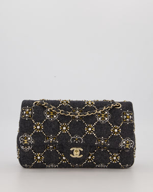 *RARE* Chanel 21A Dark Grey Pearl Strass Crystal CC Classic Medium Double Flap Bag in Wool with Champagne Gold Hardware