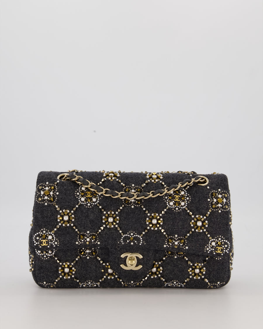 *RARE* Chanel 21A Dark Grey Pearl Strass Crystal CC Classic Medium Double Flap Bag in Wool with Champagne Gold Hardware