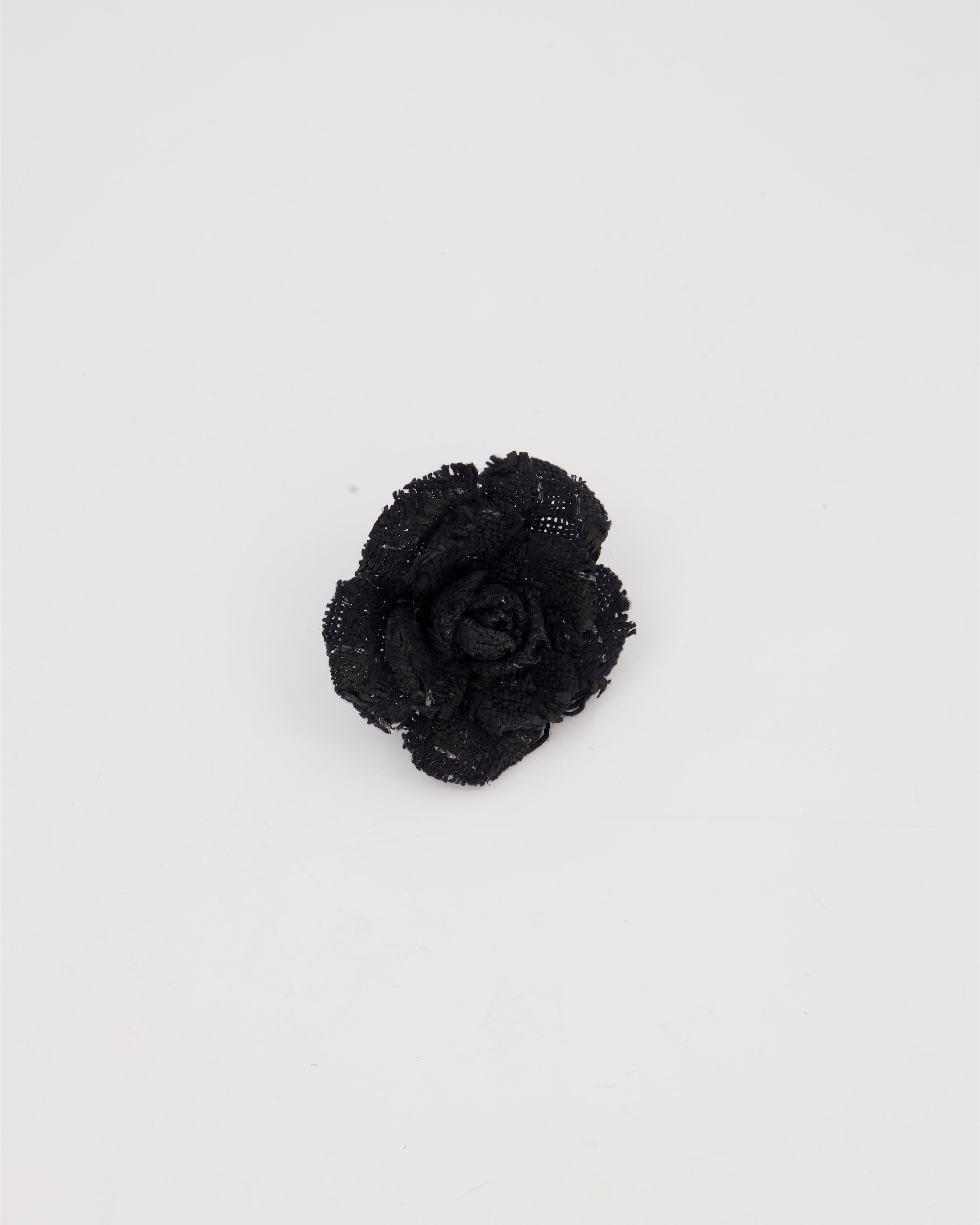 Chanel Black Embroidered Camelia Brooch with Mixed Fabric Texture