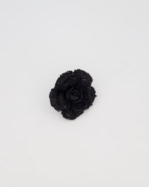 Chanel Black Embroidered Camelia Brooch with Mixed Fabric Texture