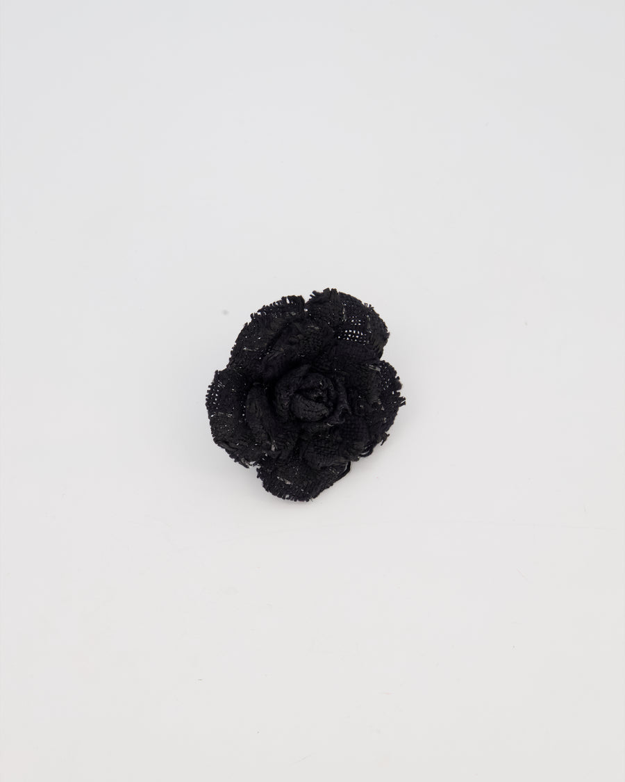 Chanel Black Embroidered Camelia Brooch with Mixed Fabric Texture