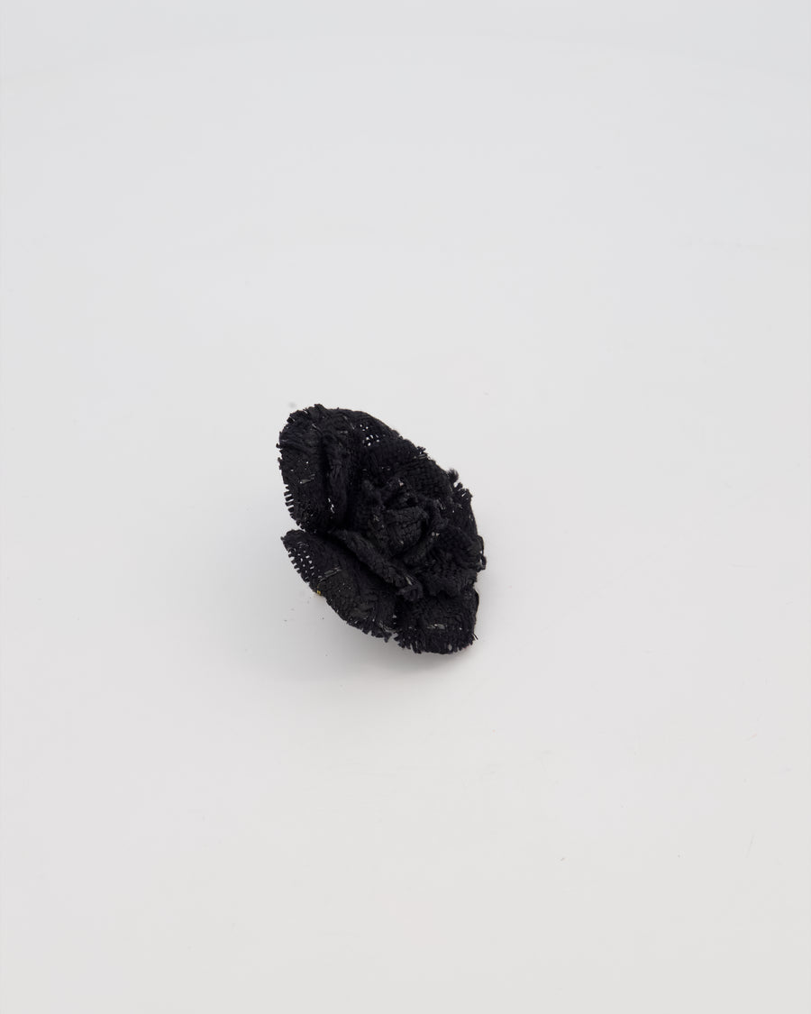 Chanel Black Embroidered Camelia Brooch with Mixed Fabric Texture