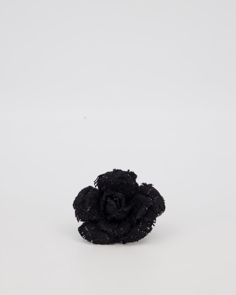 Chanel Black Embroidered Camelia Brooch with Mixed Fabric Texture