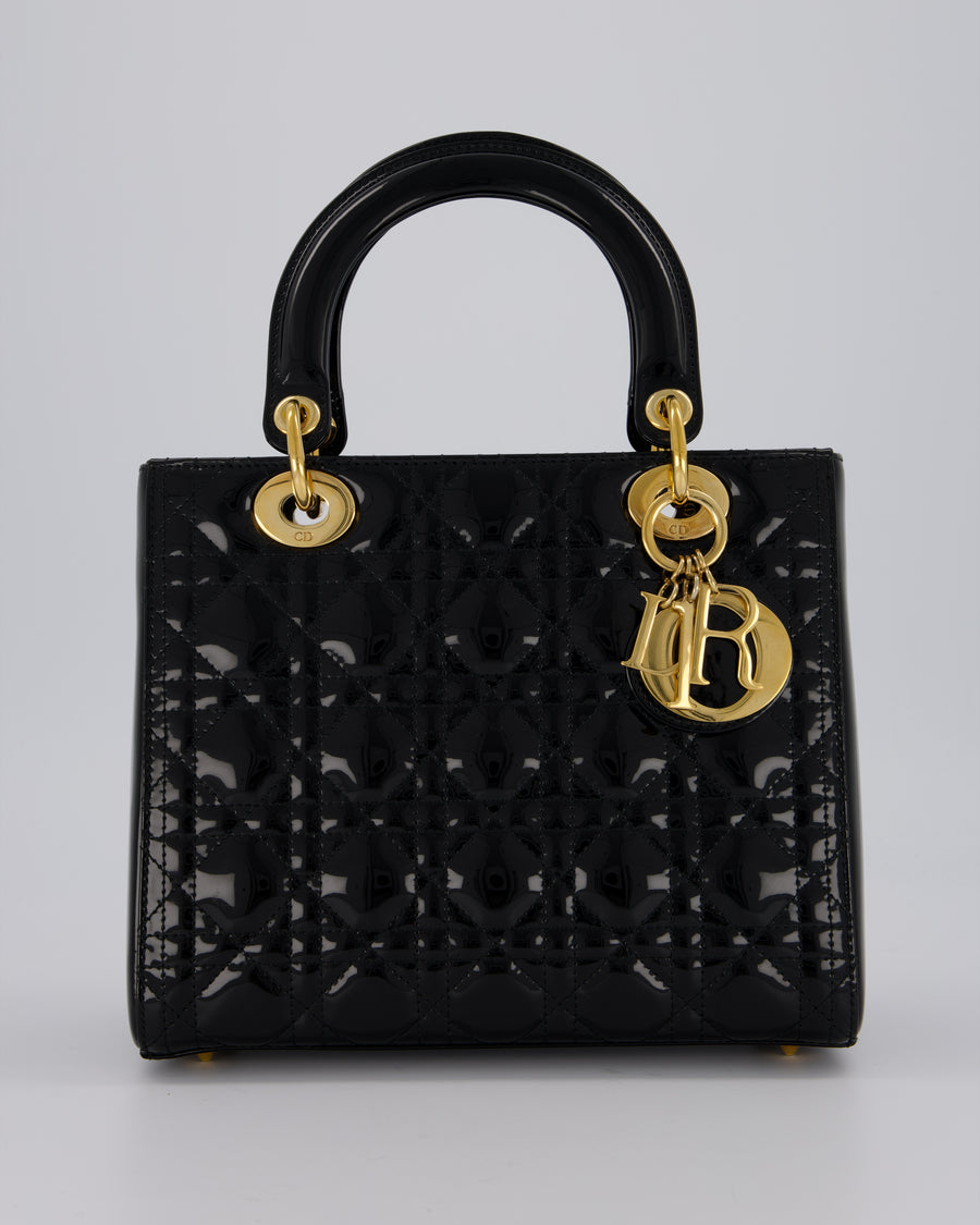 Christian Dior Medium Lady Dior Bag in Black Patent Leather With Gold Hardware