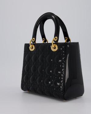 Christian Dior Medium Lady Dior Bag in Black Patent Leather With Gold Hardware