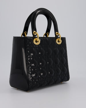 Christian Dior Medium Lady Dior Bag in Black Patent Leather With Gold Hardware