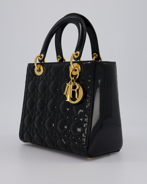 Christian Dior Medium Lady Dior Bag in Black Patent Leather With Gold Hardware