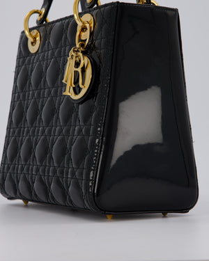 Christian Dior Medium Lady Dior Bag in Black Patent Leather With Gold Hardware