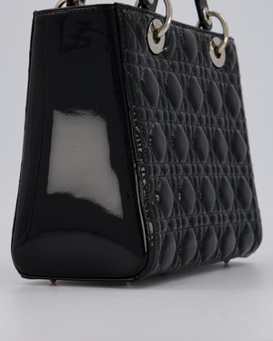 Christian Dior Medium Lady Dior Bag in Black Patent Leather With Silver Hardware