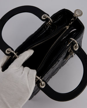 Christian Dior Medium Lady Dior Bag in Black Patent Leather With Silver Hardware
