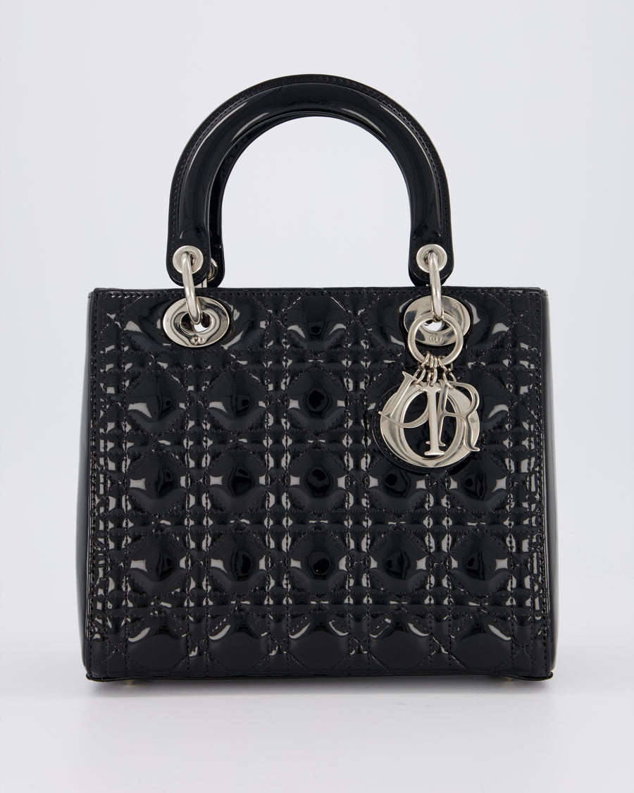 Christian Dior Medium Lady Dior Bag in Black Patent Leather With Silver Hardware