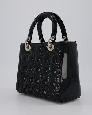 Christian Dior Medium Lady Dior Bag in Black Patent Leather With Silver Hardware