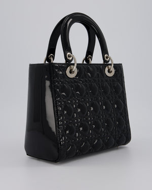 Christian Dior Medium Lady Dior Bag in Black Patent Leather With Silver Hardware