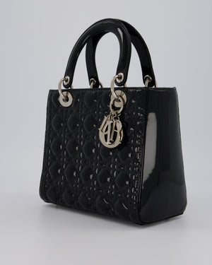 Christian Dior Medium Lady Dior Bag in Black Patent Leather With Silver Hardware