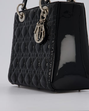 Christian Dior Medium Lady Dior Bag in Black Patent Leather With Silver Hardware