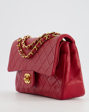Chanel Vintage Small Classic Double Flap Bag in Red Lambskin Leather with 24K Gold Hardware