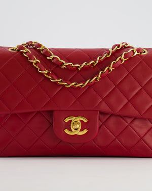 Chanel Vintage Small Classic Double Flap Bag in Red Lambskin Leather with 24K Gold Hardware